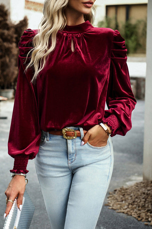 Green Mock Neck Puff Sleeve Velvet Blouse