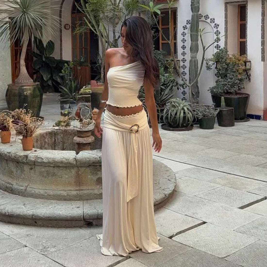 Sexy Summer Women's Sleeveless Fashion Pull-Ring Waist-Cinching Long Dress New Style One-Shoulder Two-Piece Set