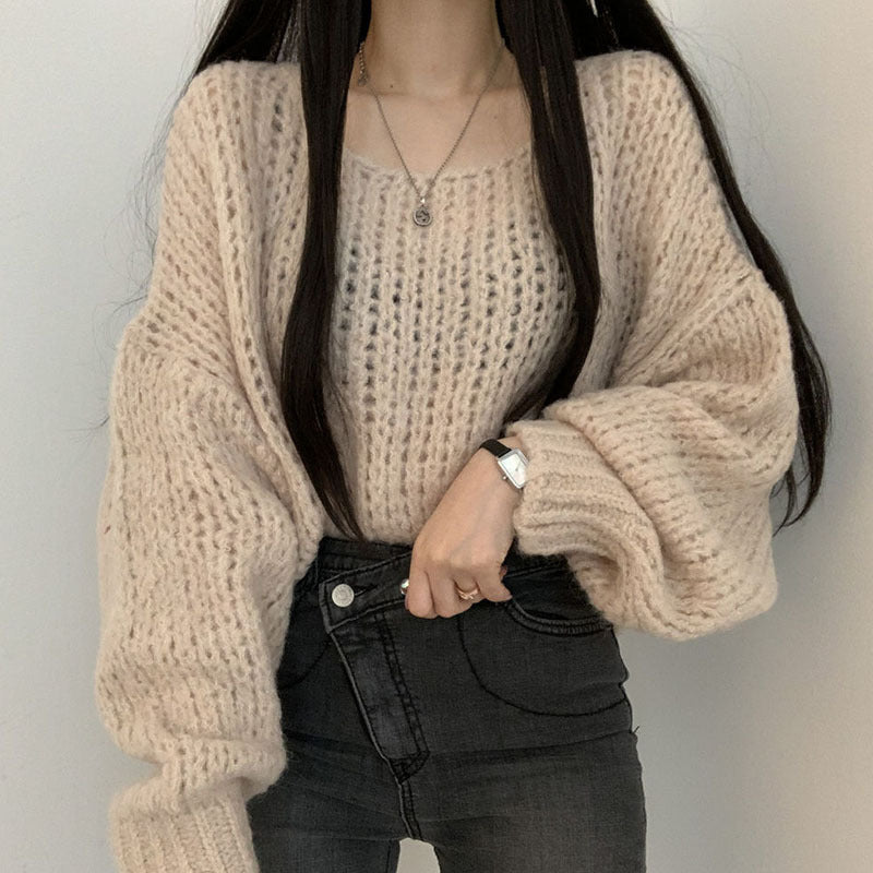 Candy-colored pullover sweater with loose and laid-back style and frilly sleeves