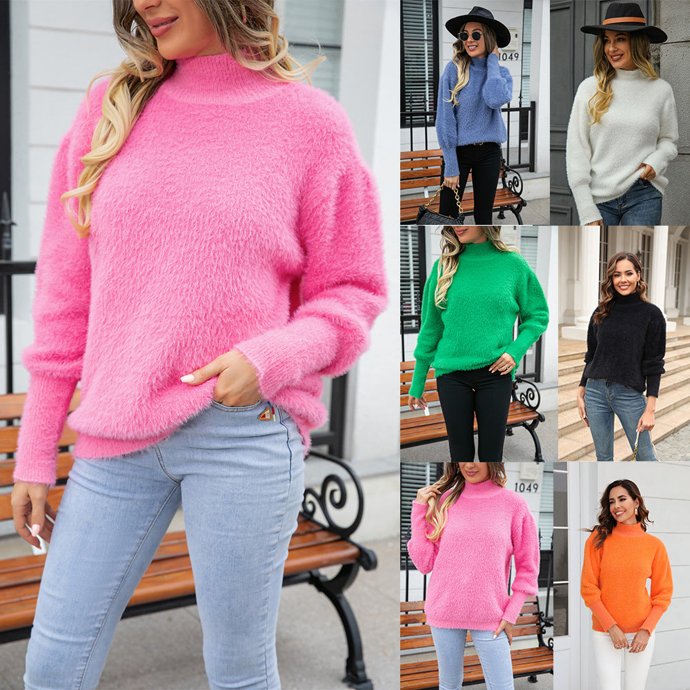 Womens High Collar Plush Knit Pullover