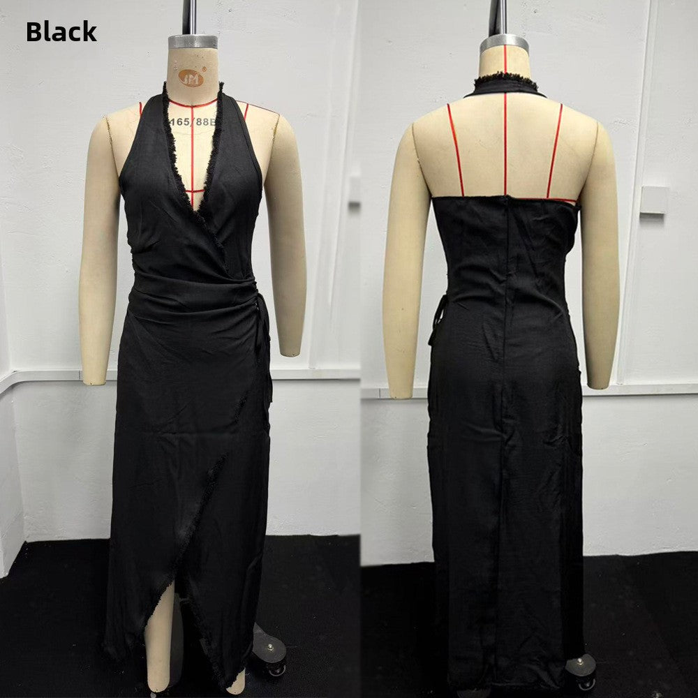 Women Summer Deep V Neck Halter Boho Floral Midi Dress