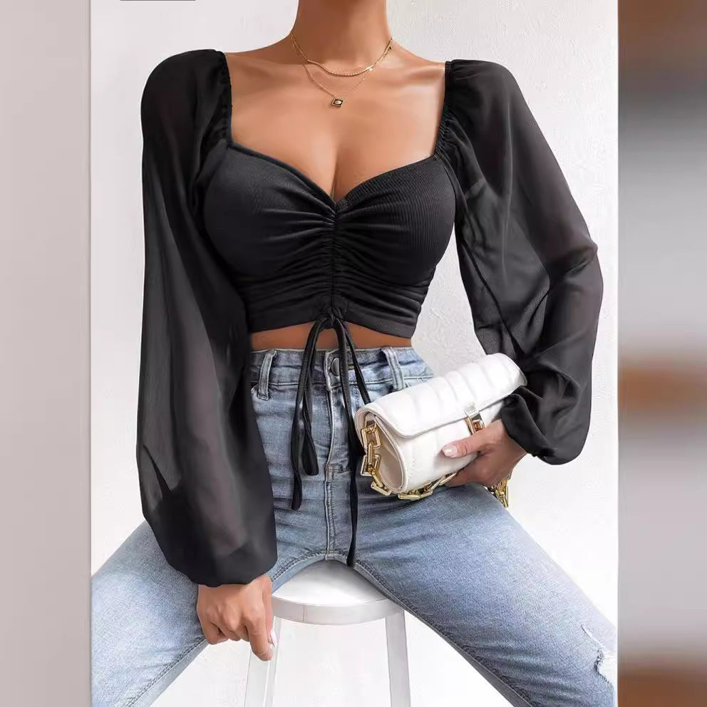 Womens V-Neck Chiffon Blouse with Lantern Sleeves