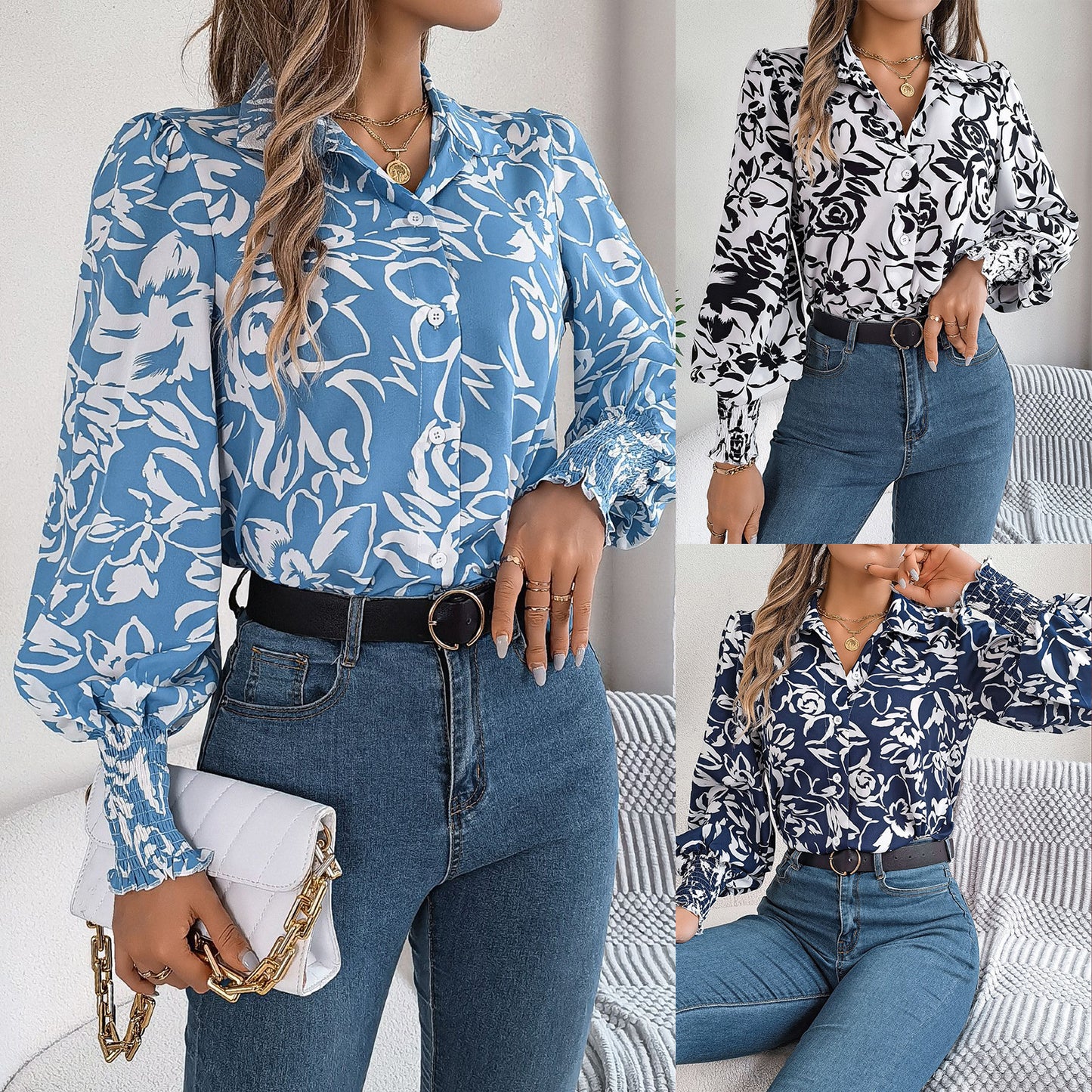 Elegant Floral Lantern Sleeve Blouse