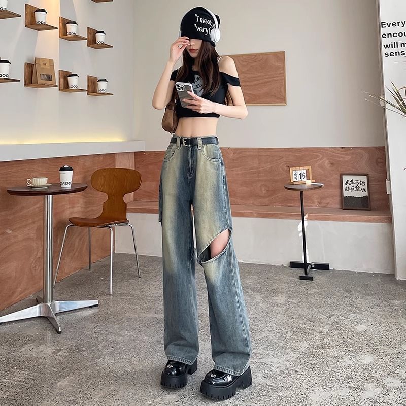 Womens High Waist Ripped Wide Leg Jeans