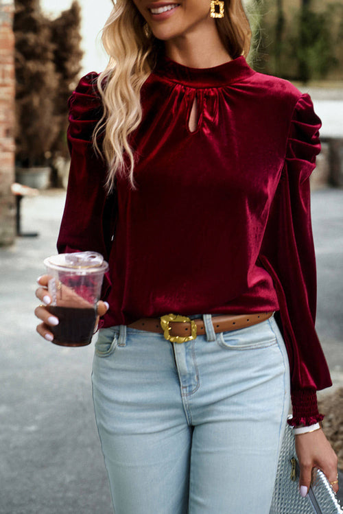 Green Mock Neck Puff Sleeve Velvet Blouse