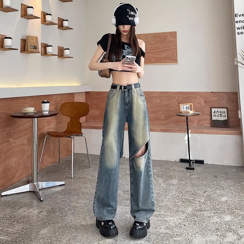 Womens High Waist Ripped Wide Leg Jeans