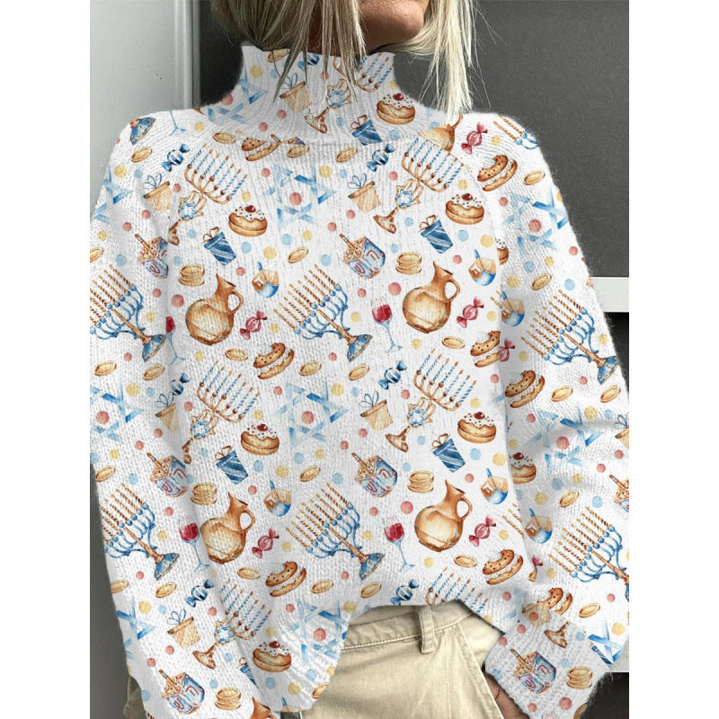 Women's Turtleneck Knitted Sweater Long Sleeve Pullover 3D Digital Print