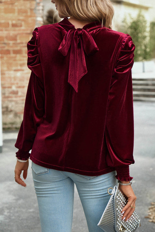 Green Mock Neck Puff Sleeve Velvet Blouse