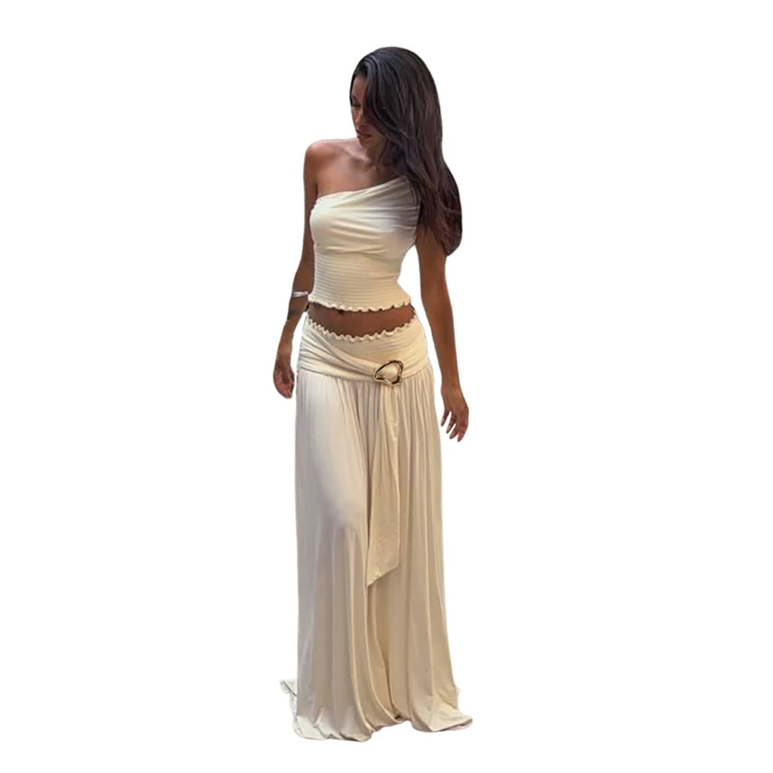 Sexy Summer Women's Sleeveless Fashion Pull-Ring Waist-Cinching Long Dress New Style One-Shoulder Two-Piece Set