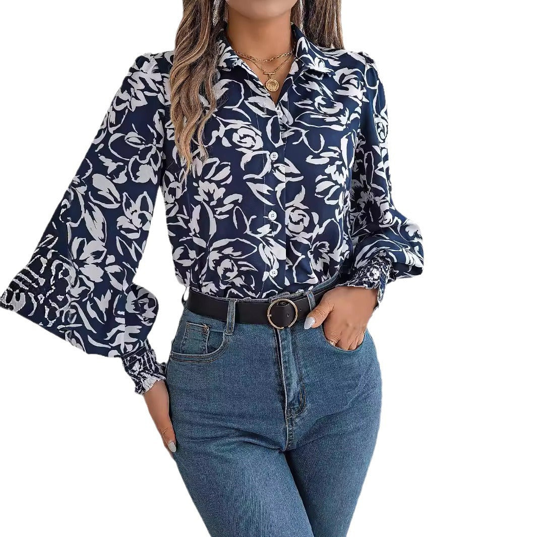 Elegant Floral Lantern Sleeve Blouse