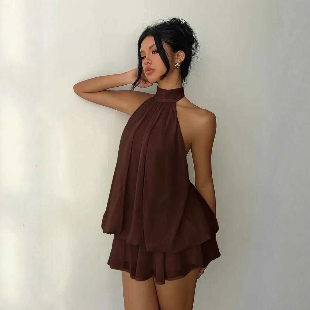 Slim-fit, sexy backless halter top with waist-cinching tie and sleeveless short skirt