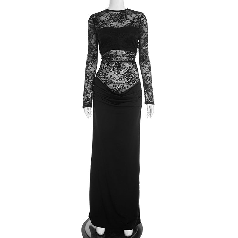 New solid-color lace long-sleeve bodycon spliced dress