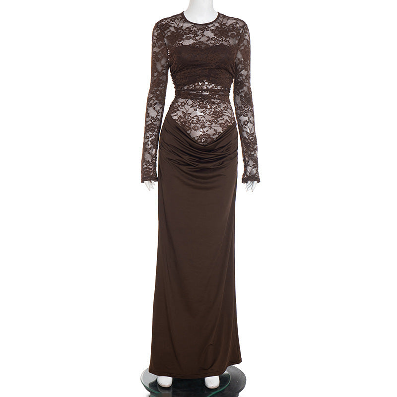 New solid-color lace long-sleeve bodycon spliced dress