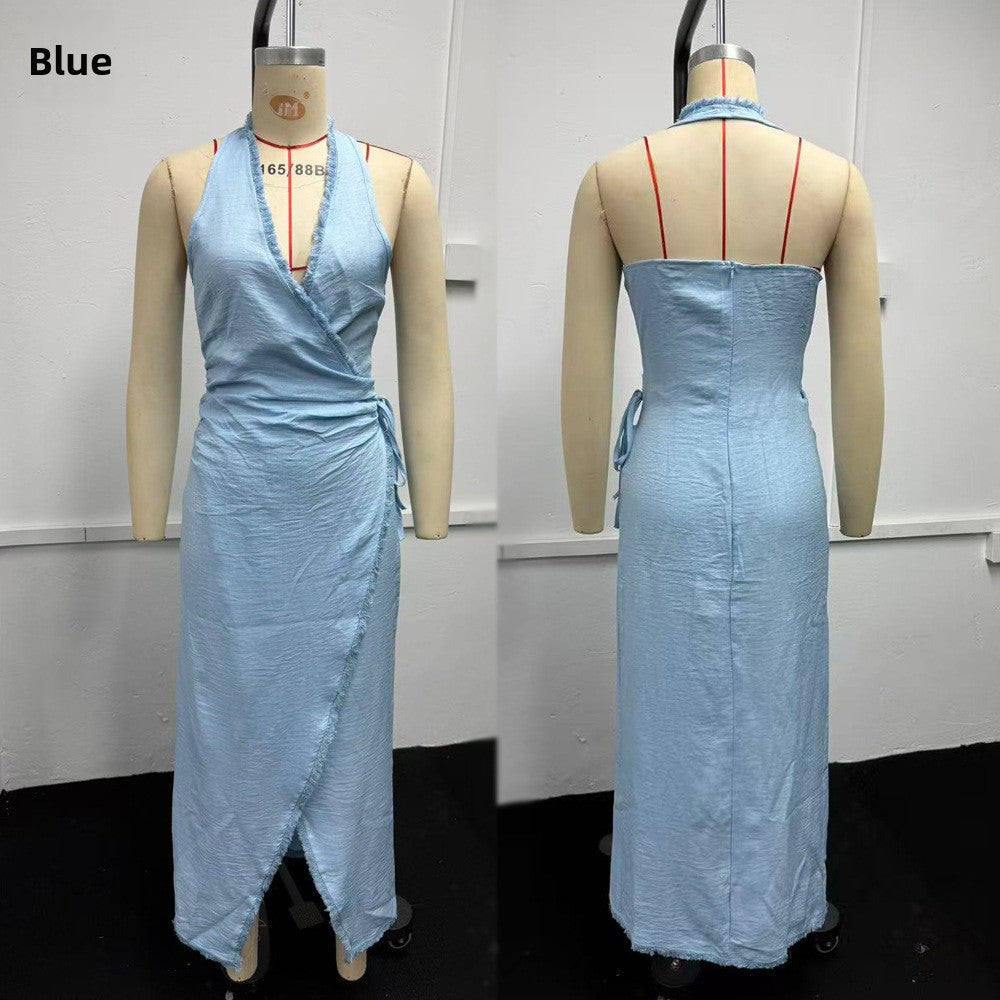 Women Summer Deep V Neck Halter Boho Floral Midi Dress