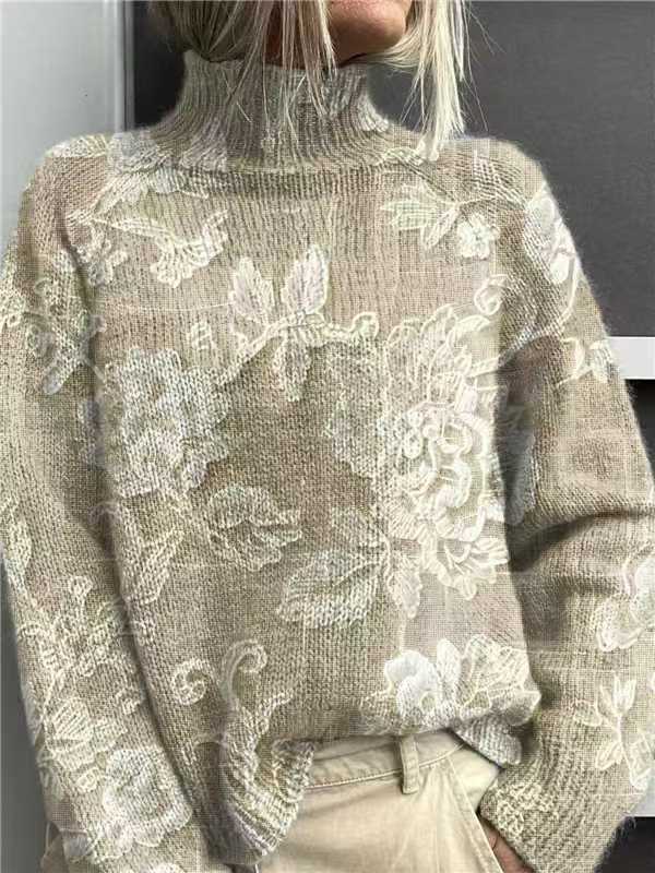 Women's Turtleneck Knitted Sweater Long Sleeve Pullover 3D Digital Print