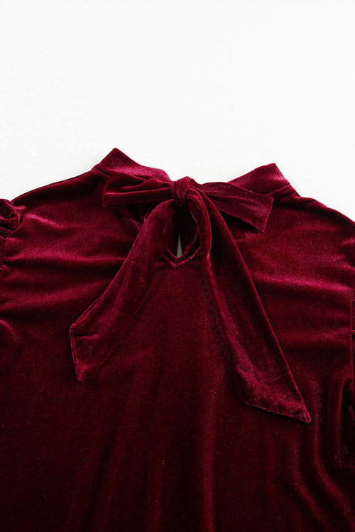 Green Mock Neck Puff Sleeve Velvet Blouse