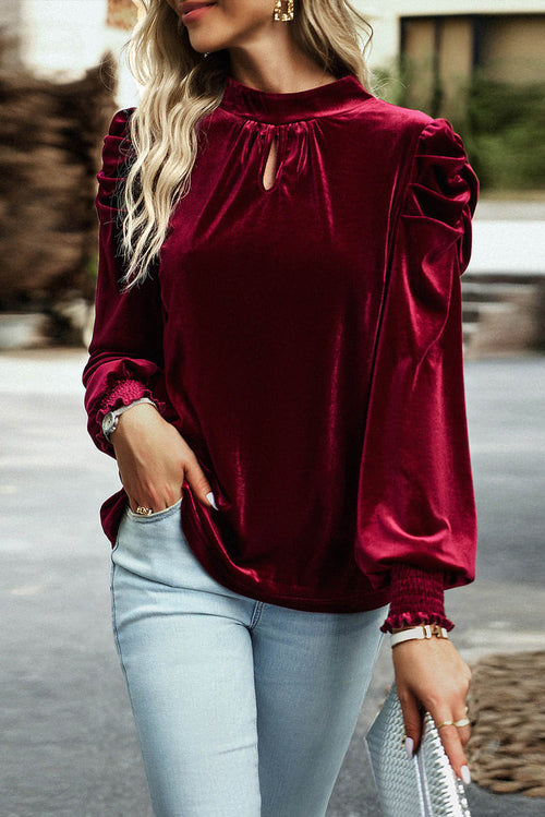Green Mock Neck Puff Sleeve Velvet Blouse