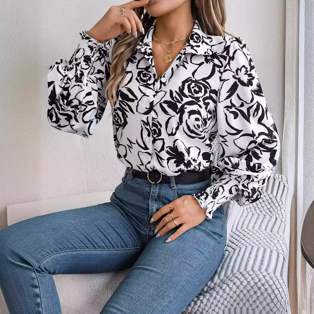 Elegant Floral Lantern Sleeve Blouse