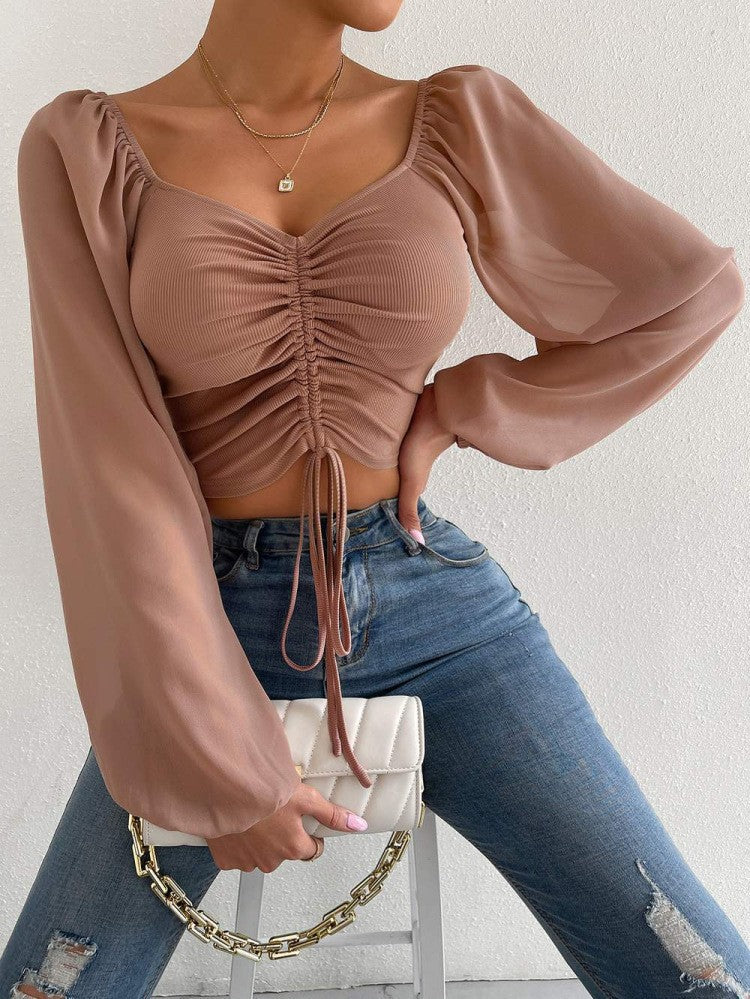 Womens V-Neck Chiffon Blouse with Lantern Sleeves