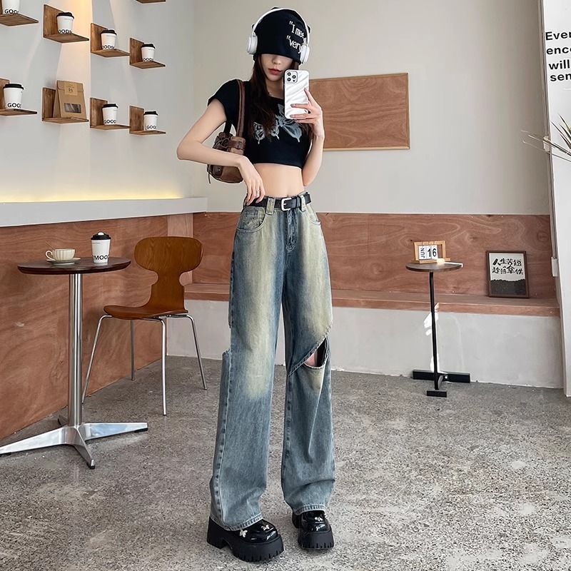Womens High Waist Ripped Wide Leg Jeans