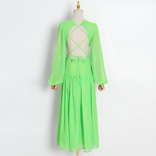 VeraLuxe™ V-Neck Lace-Up Dress – Elegant Silhouette Edition