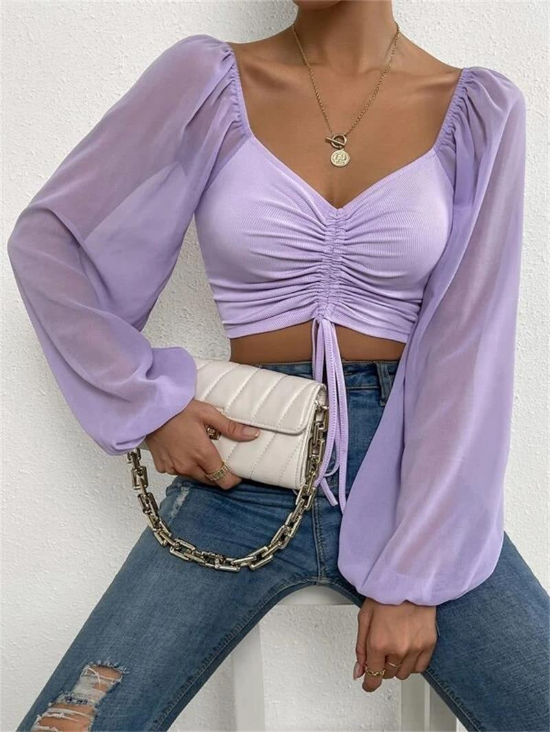 Womens V-Neck Chiffon Blouse with Lantern Sleeves
