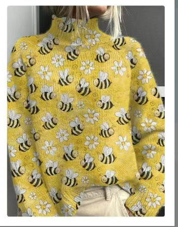 Women's Turtleneck Knitted Sweater Long Sleeve Pullover 3D Digital Print