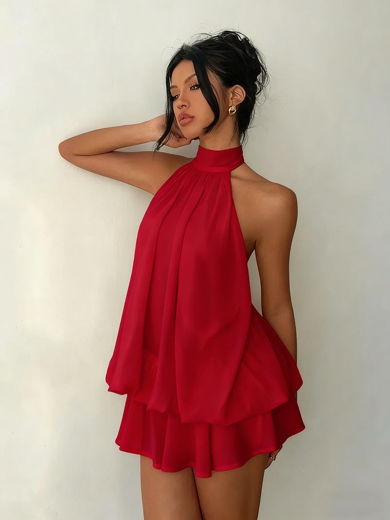 Slim-fit, sexy backless halter top with waist-cinching tie and sleeveless short skirt