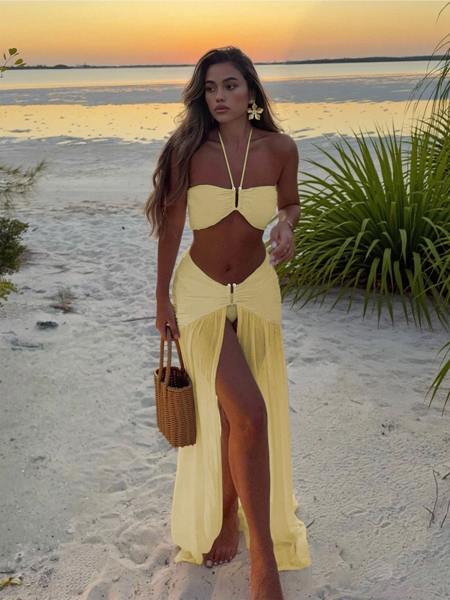 Halter Neck Bikini Set with Long Skirt