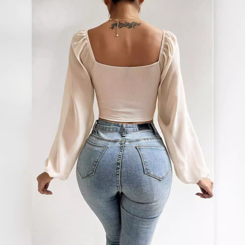 Womens V-Neck Chiffon Blouse with Lantern Sleeves