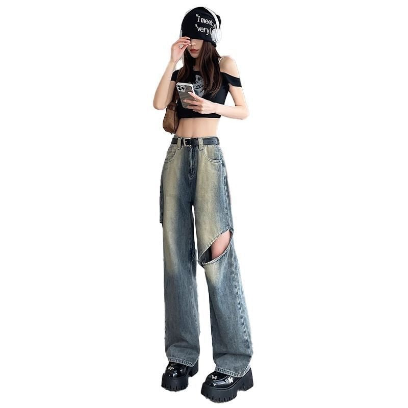Womens High Waist Ripped Wide Leg Jeans