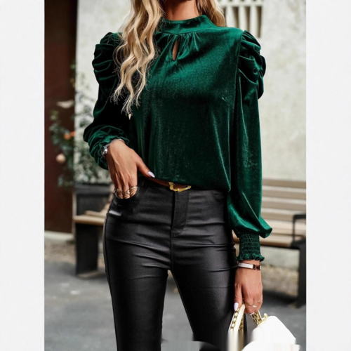 Green Mock Neck Puff Sleeve Velvet Blouse