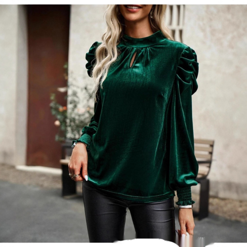 Green Mock Neck Puff Sleeve Velvet Blouse