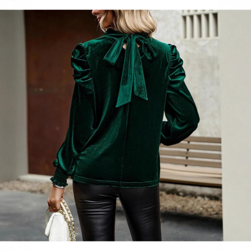 Green Mock Neck Puff Sleeve Velvet Blouse
