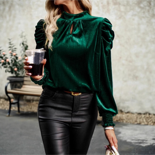 Green Mock Neck Puff Sleeve Velvet Blouse