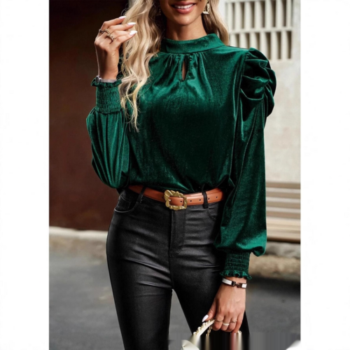 Green Mock Neck Puff Sleeve Velvet Blouse