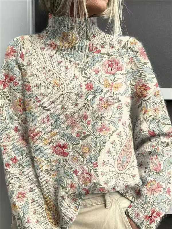 Women's Turtleneck Knitted Sweater Long Sleeve Pullover 3D Digital Print
