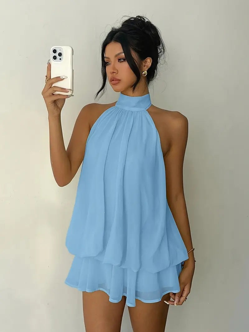 Slim-fit, sexy backless halter top with waist-cinching tie and sleeveless short skirt