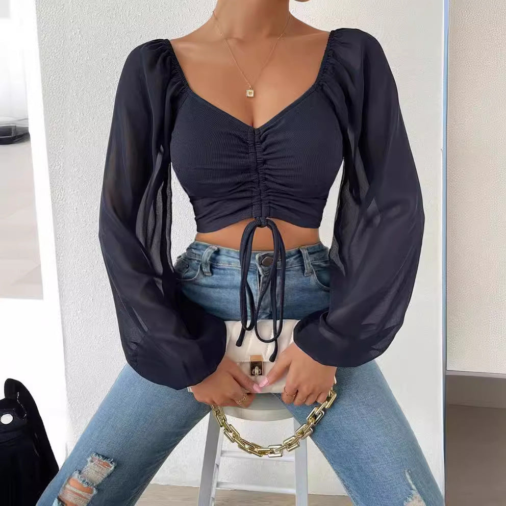 Womens V-Neck Chiffon Blouse with Lantern Sleeves