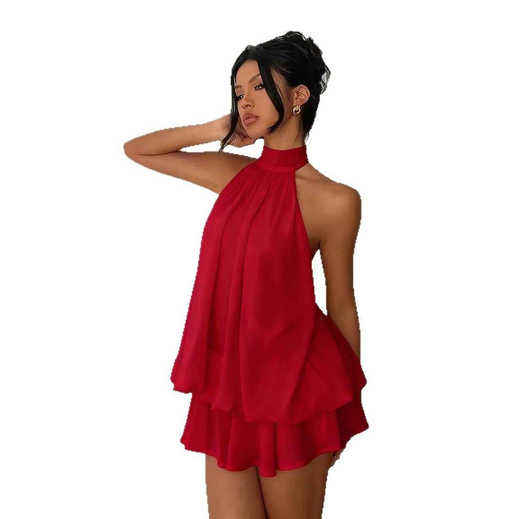 Slim-fit, sexy backless halter top with waist-cinching tie and sleeveless short skirt